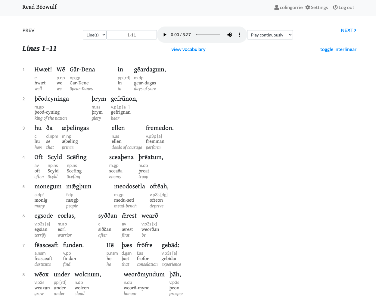 Electronic Beowulf user interface