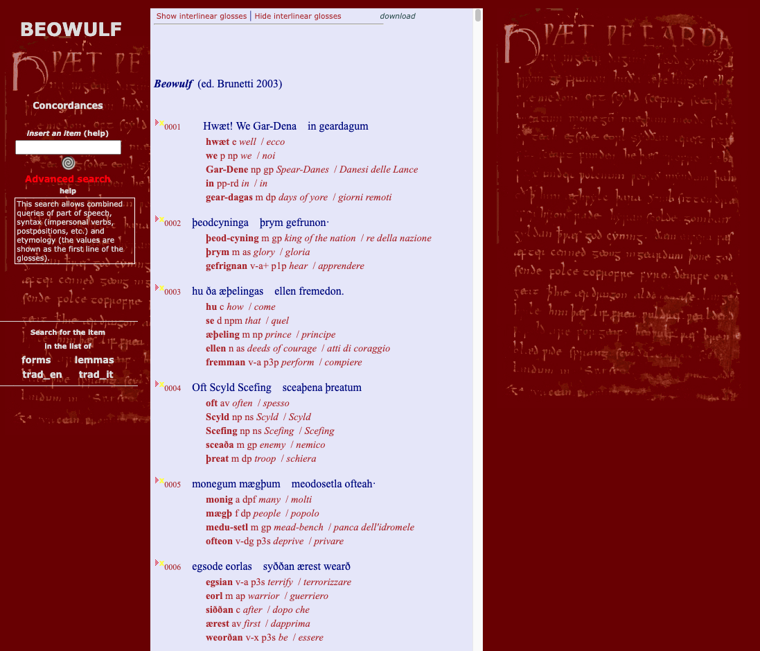 Trilingual Beowulf user interface